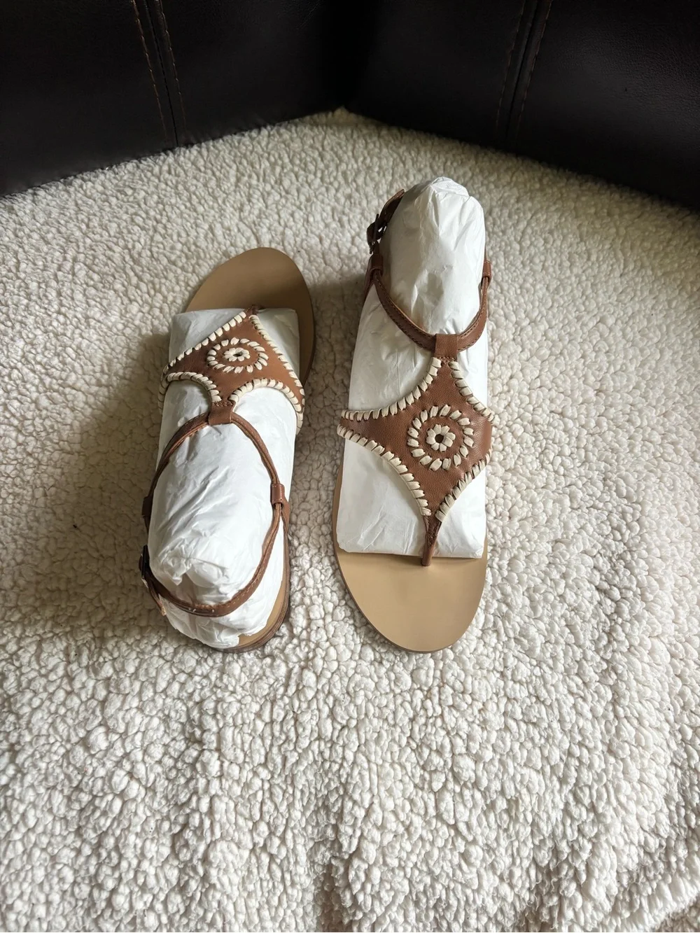 Jack Rogers Brown Leather T-Strap Sandals with Contrast Stitching